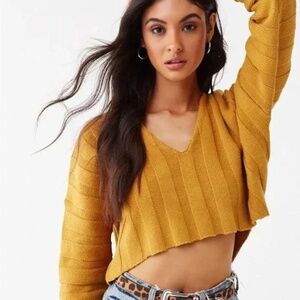 Forever 21 Mustard Yellow Brown Knit Cropped Sweater Shirt Womans